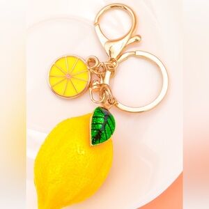 Yellow Lemon Bag Charm /Keychain with Green Leaf gold hardware